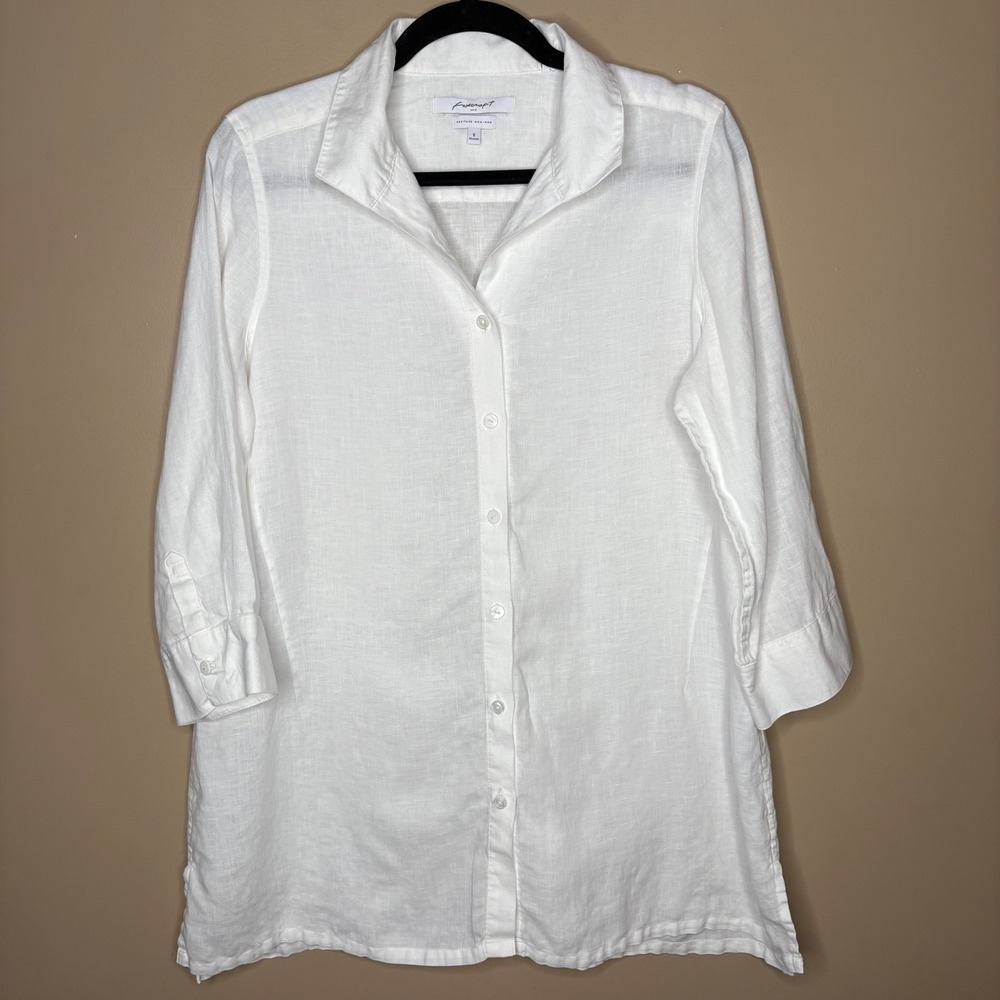 Foxcroft NYC White 100% Linen Heritage Non-Iron Relaxed Button Down Shirt 8